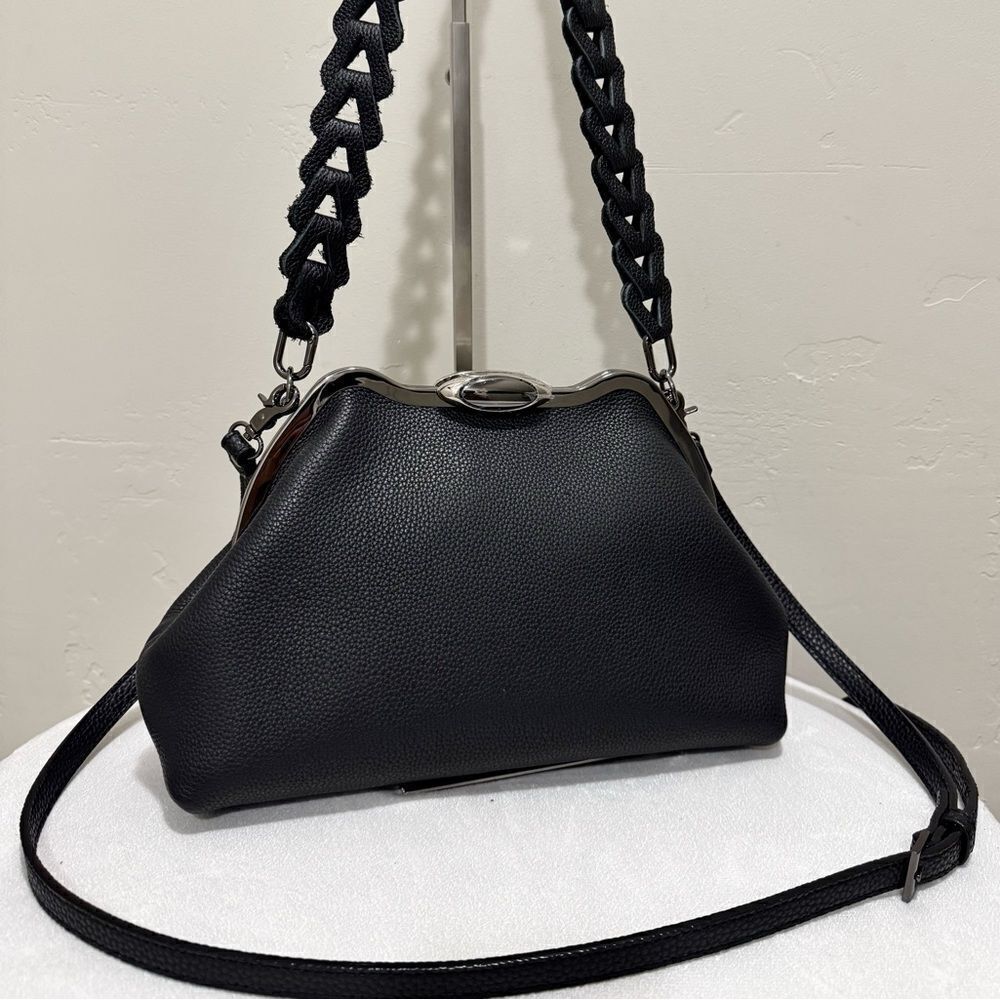 Black Togo Cowhide Leather Handmade Custom Metal Frame Handbag & 2 Strap Styles